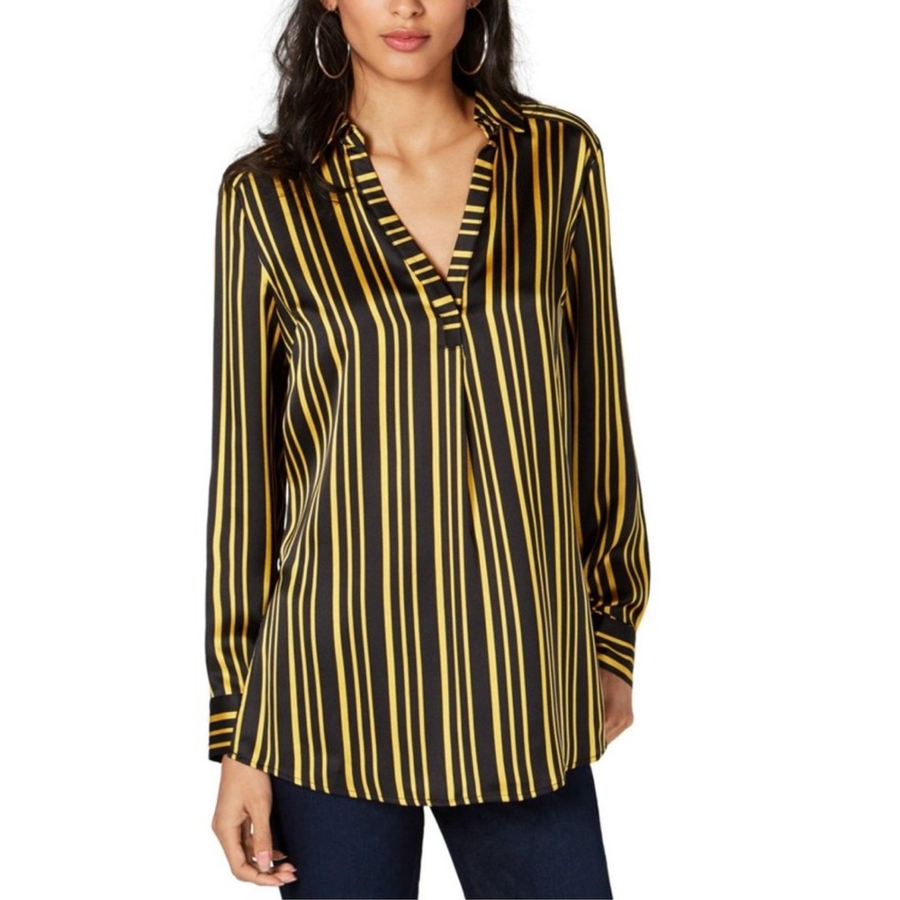 INC International Concepts Black Gold Bamboo Stripe V Neck Blouse Women’s Size S